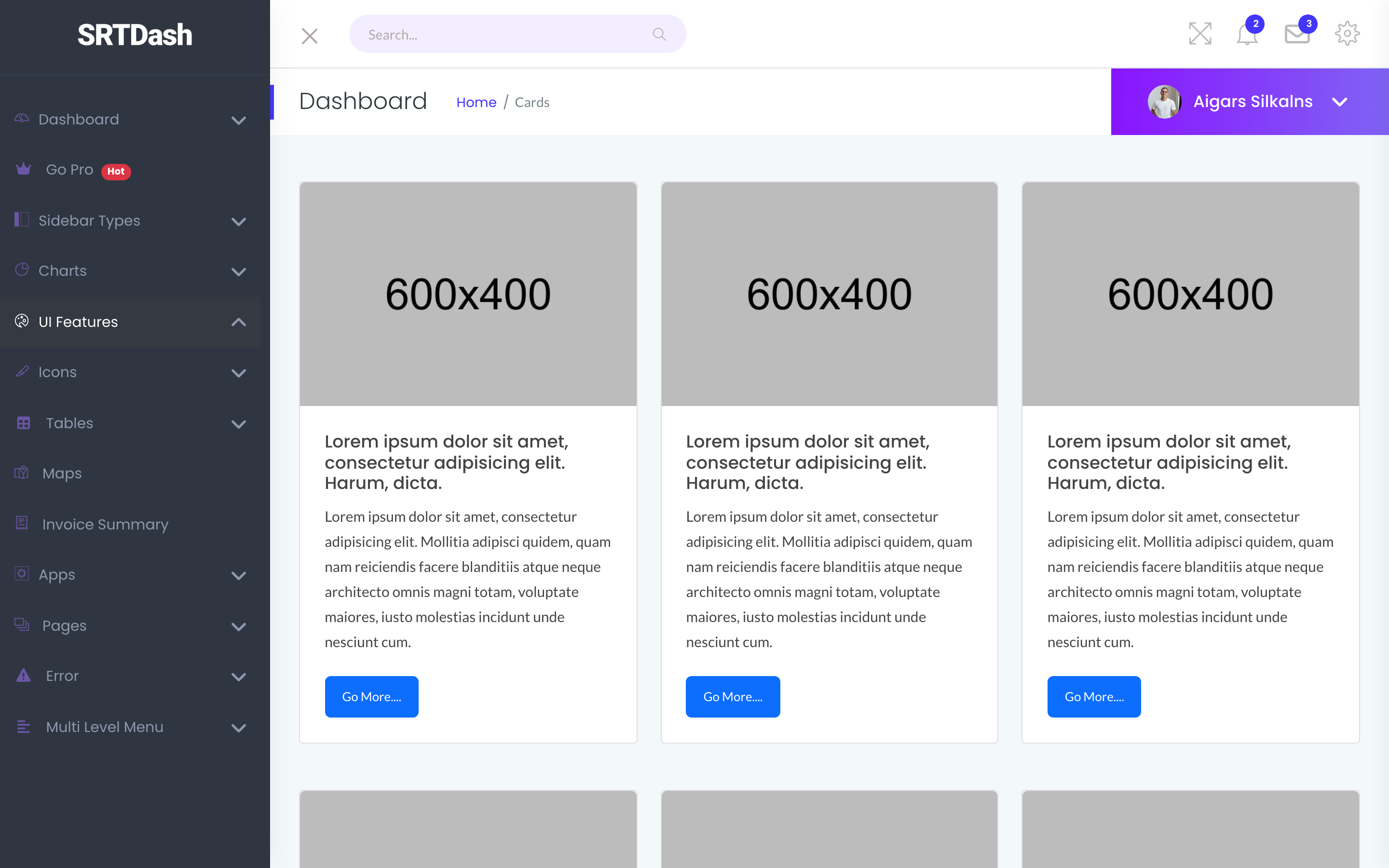 SRTdash UI Cards page